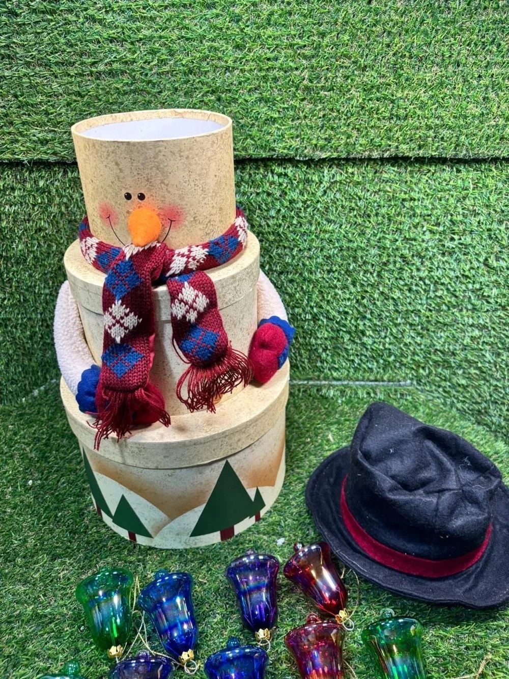 Snowman Nesting Boxes Christmas Decor and 8 Glass Bell Ornaments